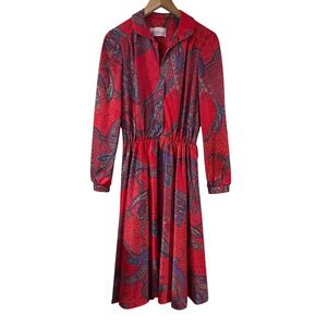 Vintage Kay Windsor Red Paisley Midi Dress ILGWU Made in USA Size 10 Long Sleeve